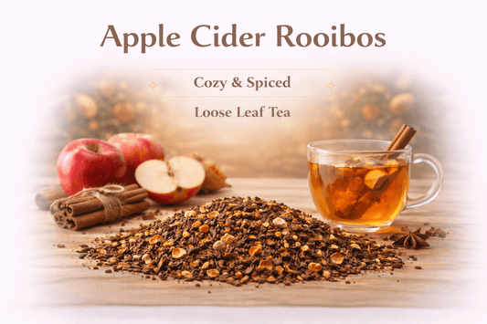 Apple Cider Rooibos Tea with loose leaf blend, cinnamon stick, and fresh apples for a cozy and spiced flavor.