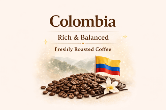 Colombia Fresh Coffee with roasted beans, Colombian flag, and a floral accent, showcasing rich and balanced flavor.