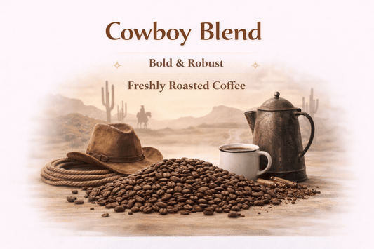 Cowboy Blend Fresh Coffee with bold flavors, featuring coffee beans, a hat, and a kettle in a desert backdrop.