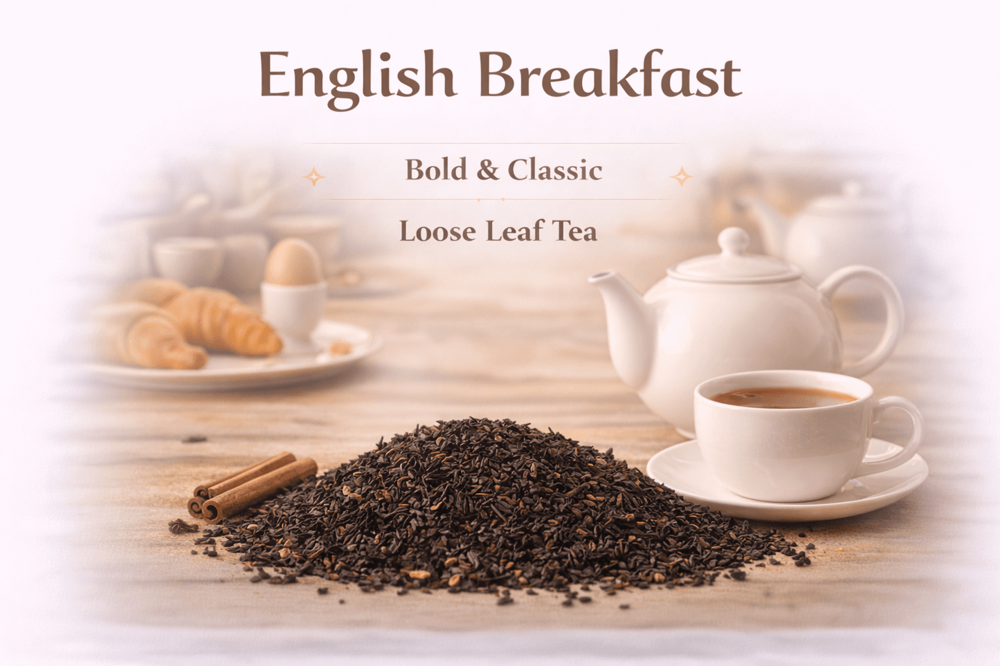 English Breakfast Tea with loose leaf tea and teapot, perfect for a strong morning brew.