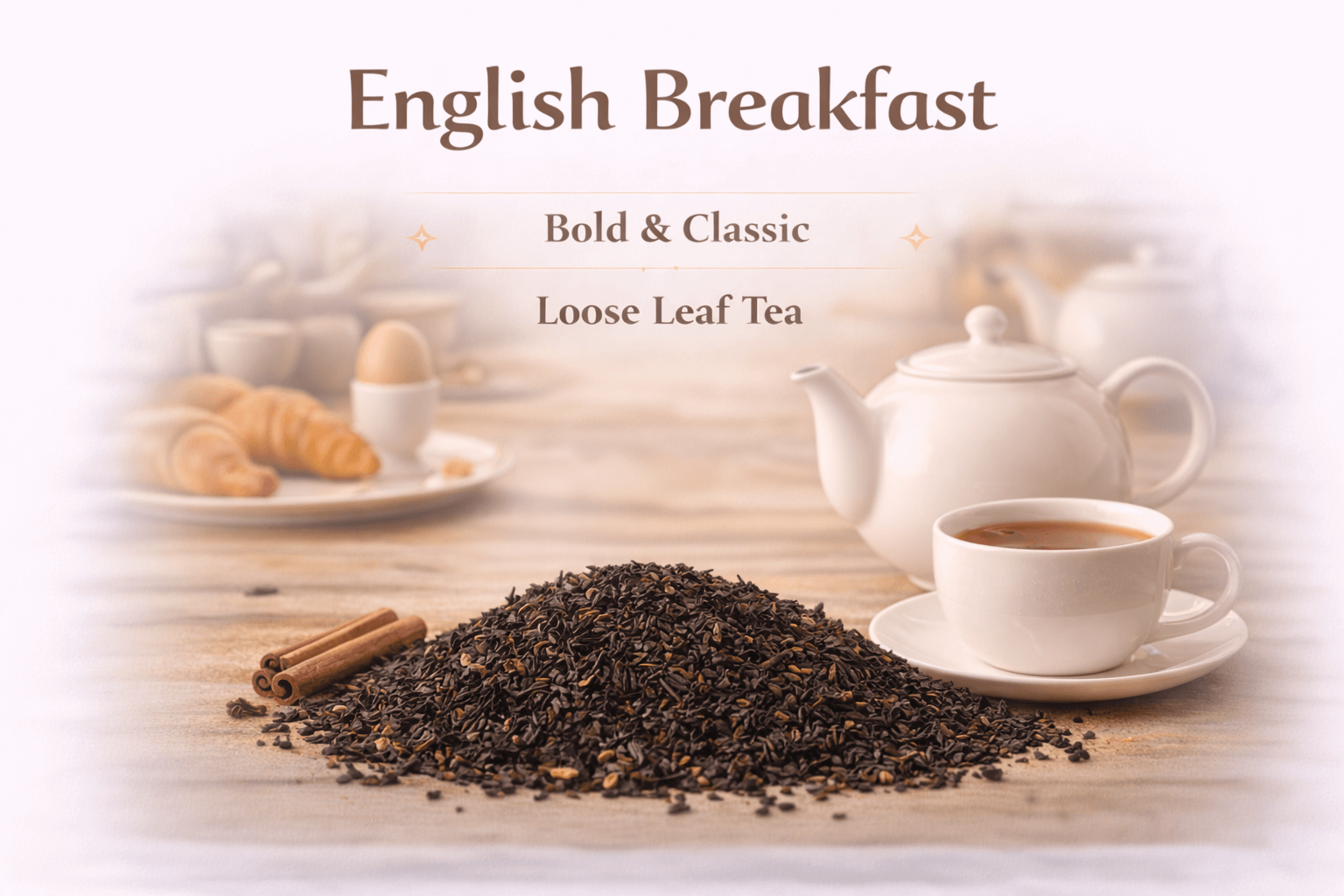 English Breakfast Tea with loose leaf tea and teapot, perfect for a strong morning brew.