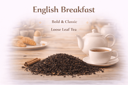 English Breakfast Tea with loose leaf tea and teapot, perfect for a strong morning brew.