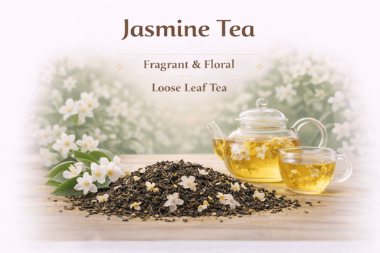 Jasmine Tea in a glass teapot with loose leaves and jasmine flowers, fragrant and floral tea blend.