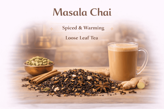 Masala Chai Tea displayed with loose leaf tea, spices, and a cup of warm chai.