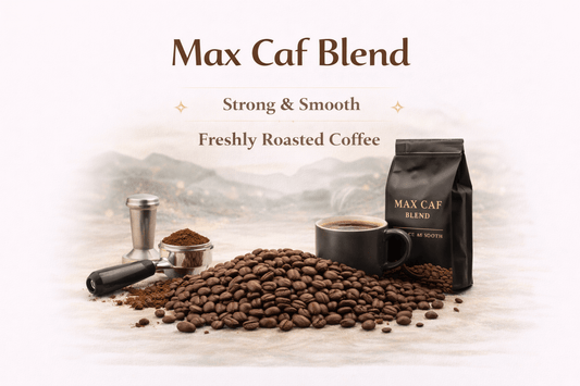 Max Caf Blend Coffee with coffee beans, freshly roasted coffee, and brewing equipment.