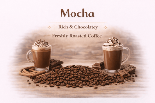 Mocha coffee with chocolate and roasted beans, showcasing rich flavor and freshness in two cups.