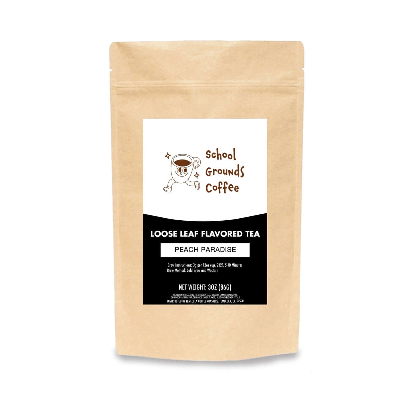 Packaging of Peach Paradise Tea, a loose leaf flavored tea by School Grounds Coffee.