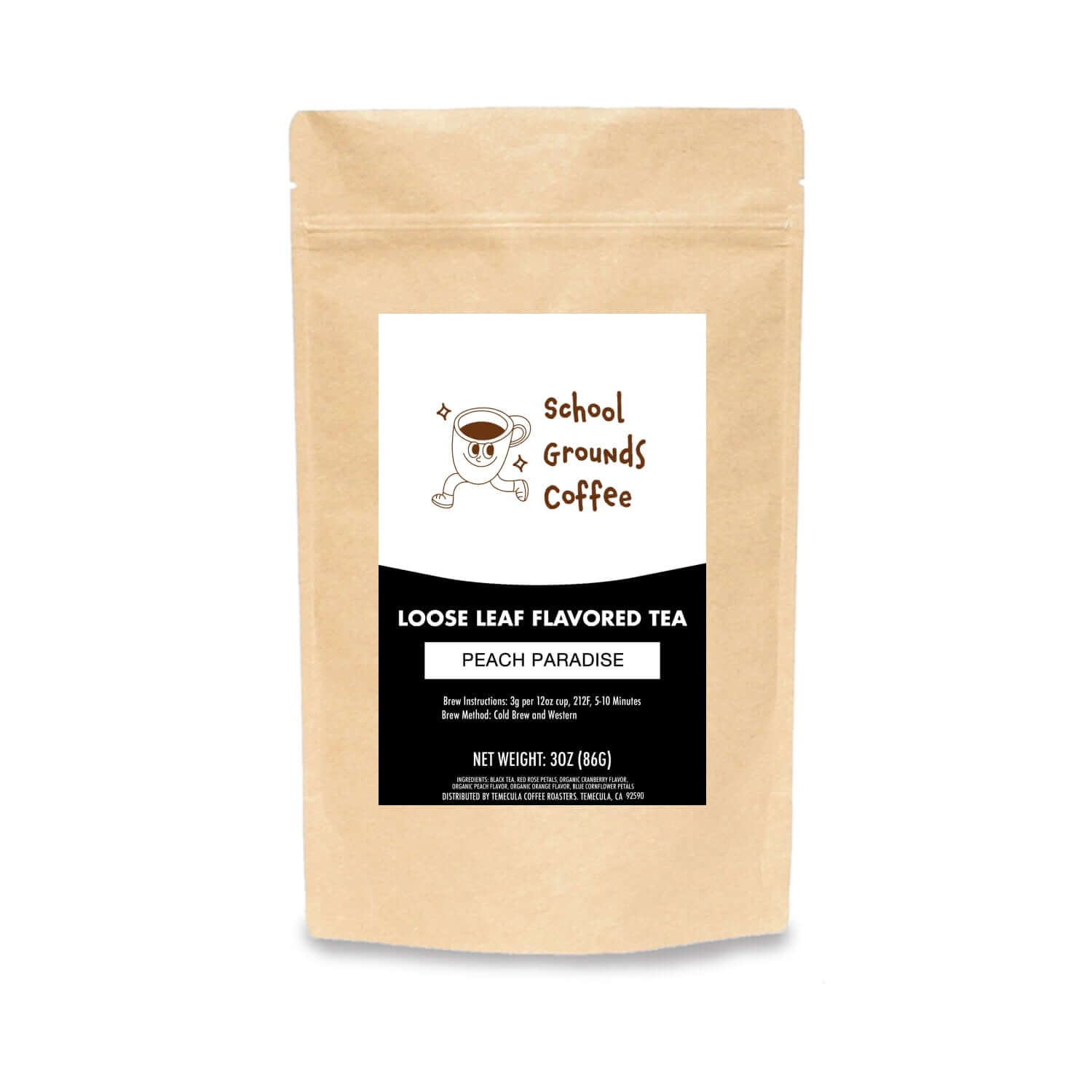 Packaging of Peach Paradise Tea, a loose leaf flavored tea by School Grounds Coffee.