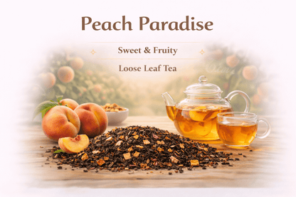Peach Paradise Tea with loose leaf tea, peaches, and a glass teapot, capturing a sweet and fruity essence.